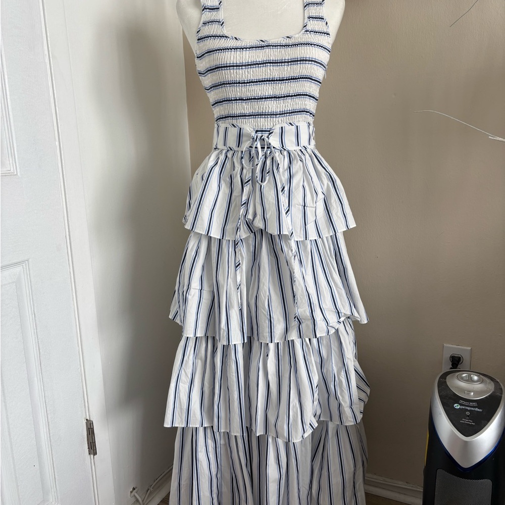 Elegant Blue and White Striped Maxi Dress
